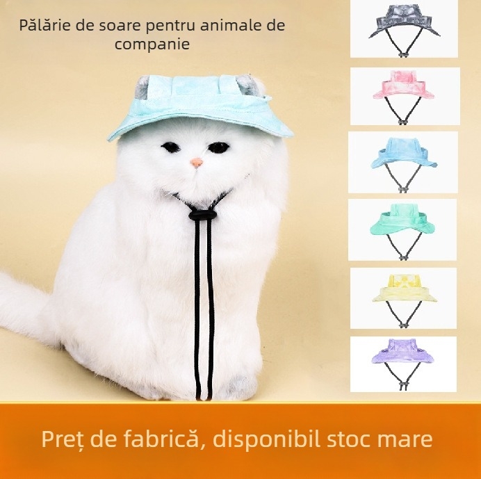 Șapcă pentru animale de companie pentru pisici și câini, cu urechi expuse, din bumbac, țesătură twill, procesare tie-dye, model monocrom, stil casual, potrivită pentru toate sezoanele, șnur reglabil