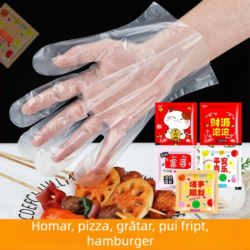 Mănuși de unică folosință pentru alimentație, din plastic, rezistente la grăsimi, ambalate individual, grosime 0,5 mm, durată de valabilitate 2 ani