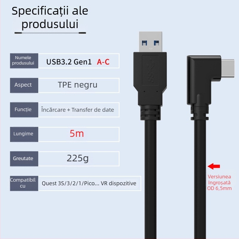 Cablu VR pentru Oculus Quest 3 – USB 3.0 / Type-C, încărcare rapidă PD, 60W maxim, TPE