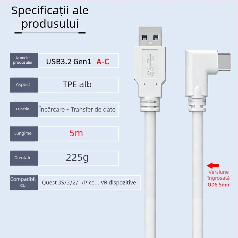 Cablu VR pentru Oculus Quest 3 – USB 3.0 / Type-C, încărcare rapidă PD, 60W maxim, TPE
