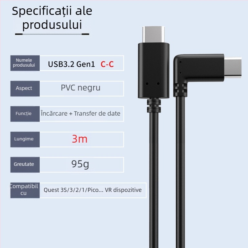 Cablu VR pentru Oculus Quest 3 – USB 3.0 / Type-C, încărcare rapidă PD, 60W maxim, TPE