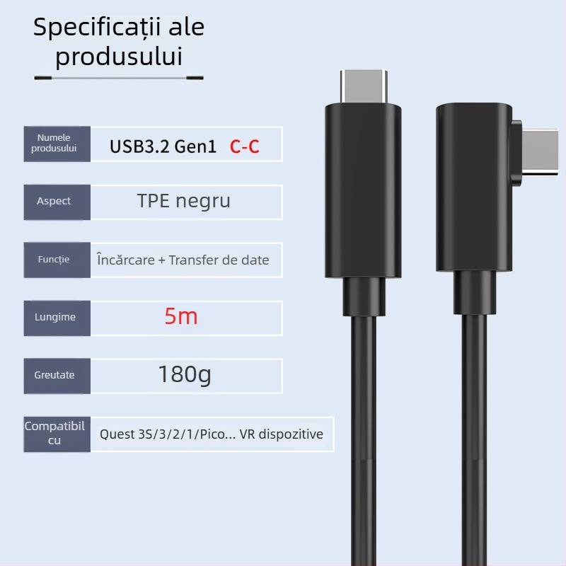 Cablu VR pentru Oculus Quest 3 – USB 3.0 / Type-C, încărcare rapidă PD, 60W maxim, TPE