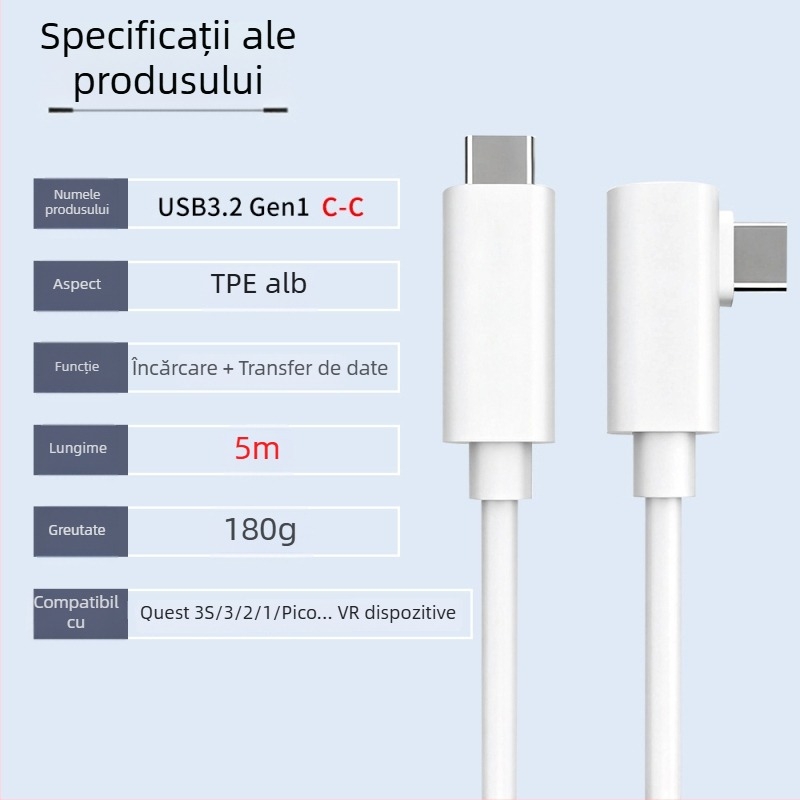 Cablu VR pentru Oculus Quest 3 – USB 3.0 / Type-C, încărcare rapidă PD, 60W maxim, TPE