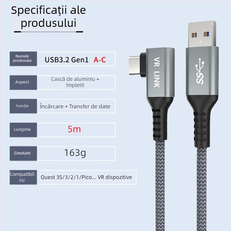 Cablu VR pentru Oculus Quest 3 – USB 3.0 / Type-C, încărcare rapidă PD, 60W maxim, TPE
