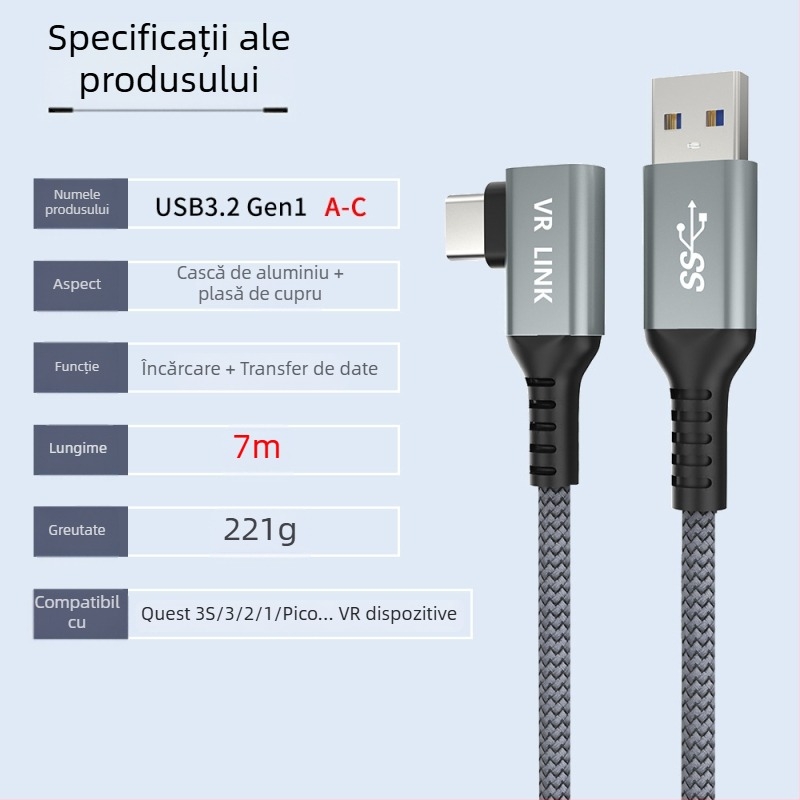 Cablu VR pentru Oculus Quest 3 – USB 3.0 / Type-C, încărcare rapidă PD, 60W maxim, TPE