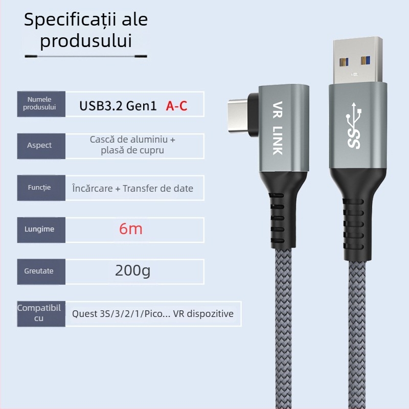 Cablu VR pentru Oculus Quest 3 – USB 3.0 / Type-C, încărcare rapidă PD, 60W maxim, TPE