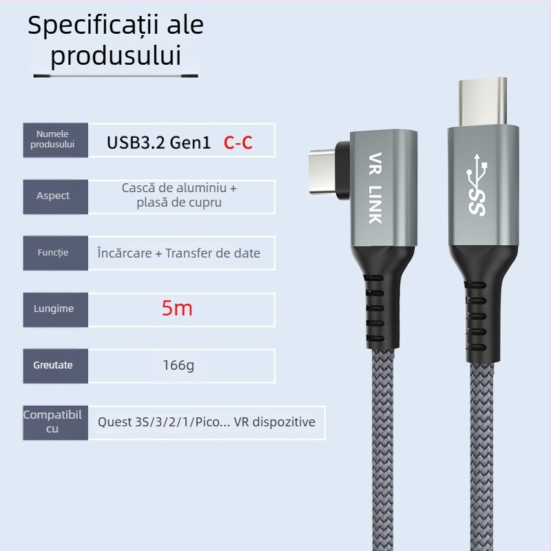 Cablu VR pentru Oculus Quest 3 – USB 3.0 / Type-C, încărcare rapidă PD, 60W maxim, TPE