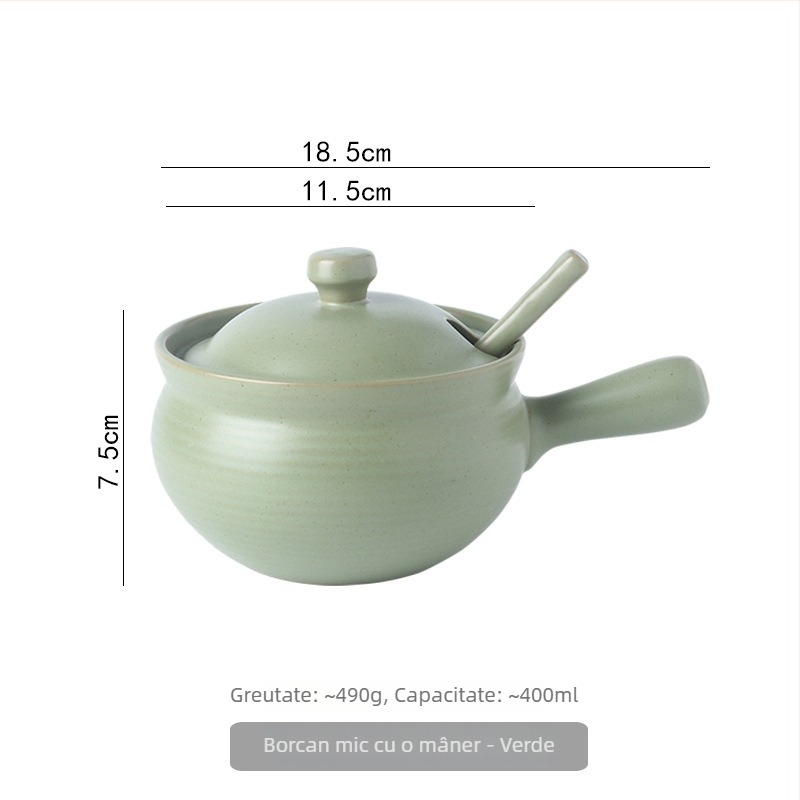 Borcan ceramic de ulei cu capac și linguriță, stil japonez pentru condimente lichide, rezistent la temperaturi înalte, personalizare disponibilă