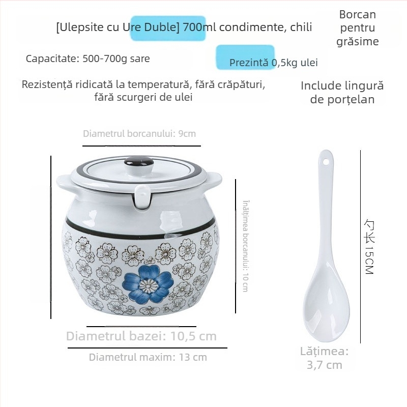 Recipient ceramic pentru condimente cu mâner și capac, pentru sosuri lichide, design clasic cu două urechi, stil nou chinezesc, calitate de primă clasă