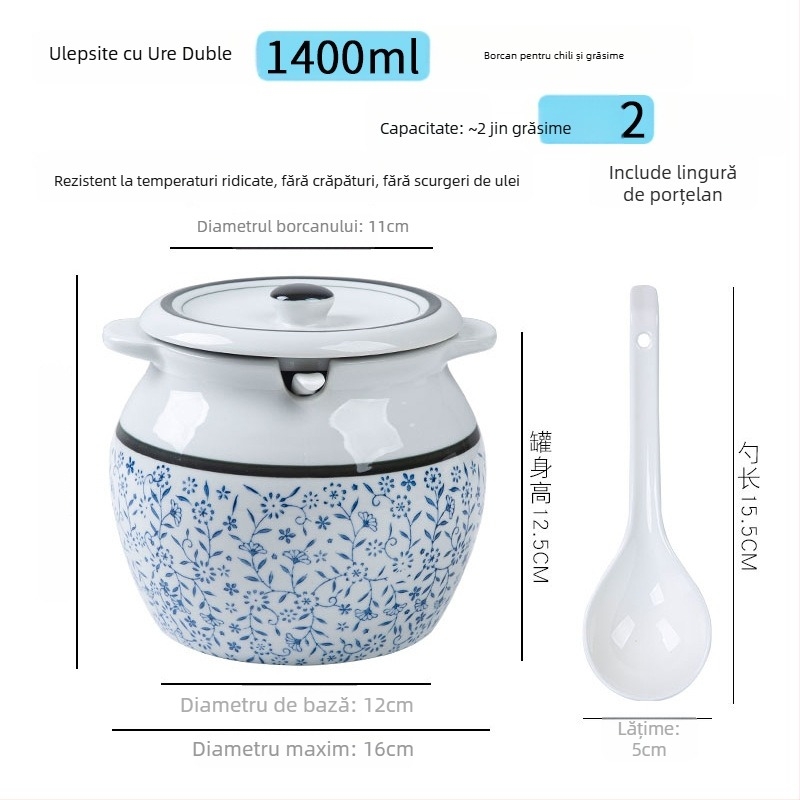 Recipient ceramic pentru condimente cu mâner și capac, pentru sosuri lichide, design clasic cu două urechi, stil nou chinezesc, calitate de primă clasă
