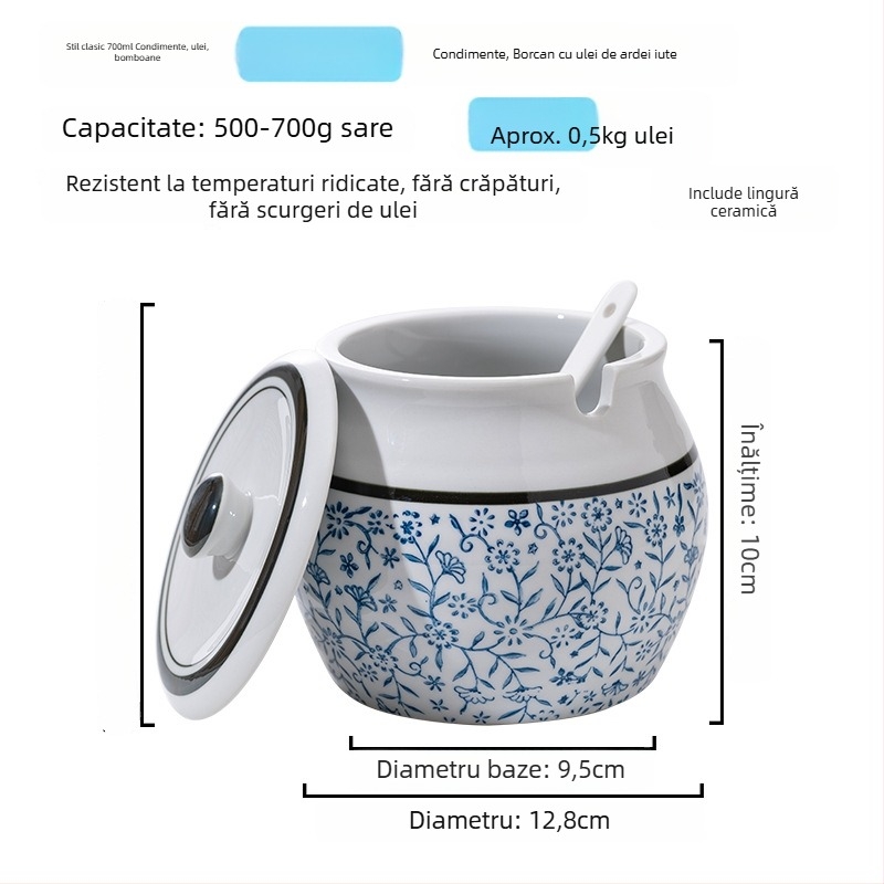 Recipient ceramic pentru condimente cu mâner și capac, pentru sosuri lichide, design clasic cu două urechi, stil nou chinezesc, calitate de primă clasă