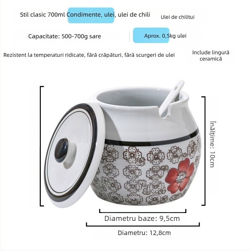 Recipient ceramic pentru condimente cu mâner și capac, pentru sosuri lichide, design clasic cu două urechi, stil nou chinezesc, calitate de primă clasă