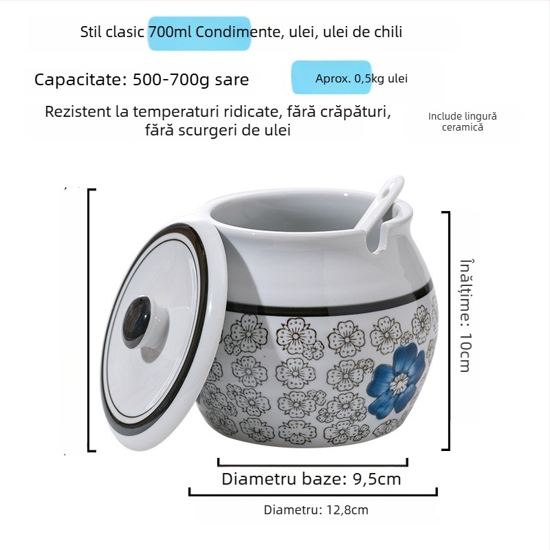 Recipient ceramic pentru condimente cu mâner și capac, pentru sosuri lichide, design clasic cu două urechi, stil nou chinezesc, calitate de primă clasă