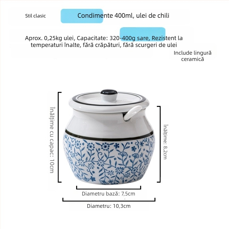 Recipient ceramic pentru condimente cu mâner și capac, pentru sosuri lichide, design clasic cu două urechi, stil nou chinezesc, calitate de primă clasă