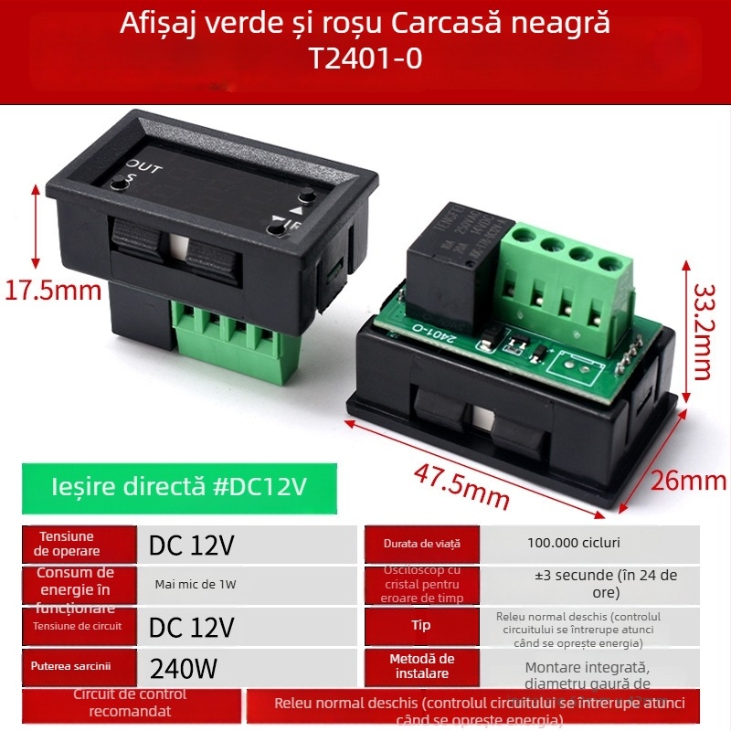 Modul de releu 12V cu temporizator pentru cicluri pornire/oprire, afișaj LED dual digital