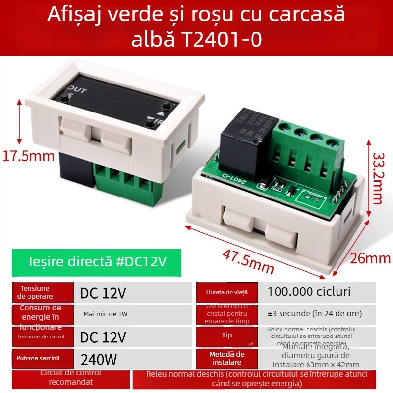 Modul de releu 12V cu temporizator pentru cicluri pornire/oprire, afișaj LED dual digital