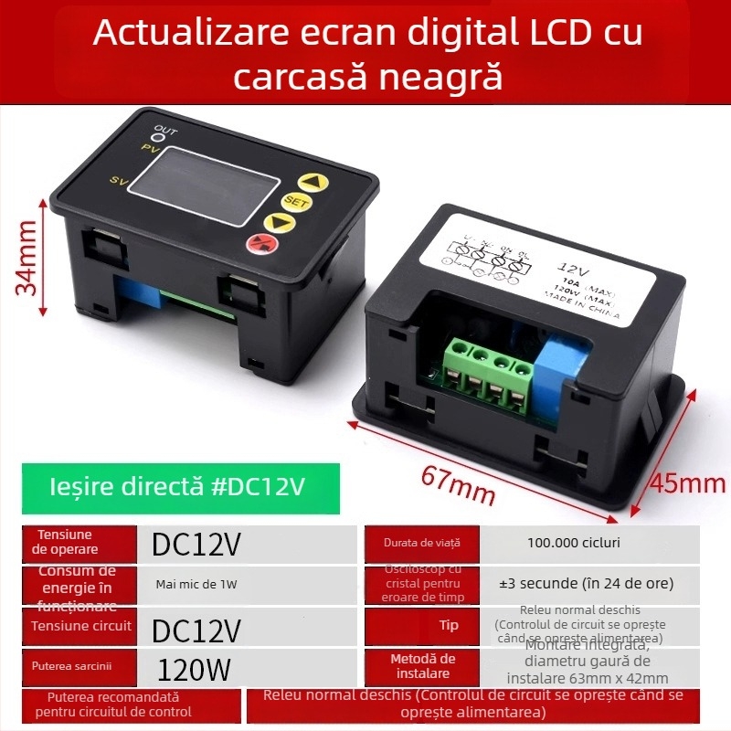 Modul de releu 12V cu temporizator pentru cicluri pornire/oprire, afișaj LED dual digital