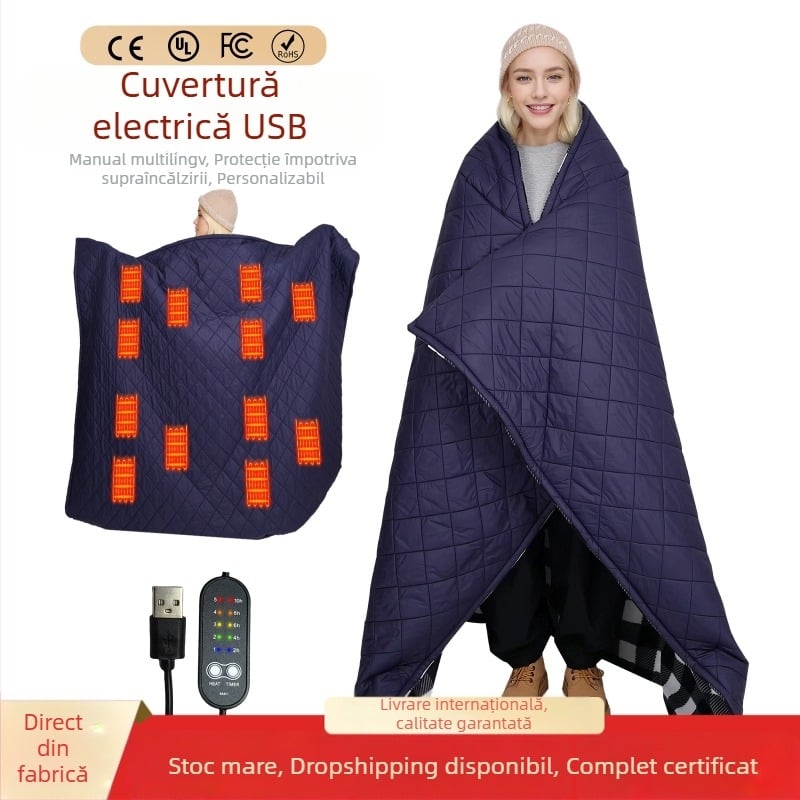 Cuvertă electrică pentru camping cu alimentare de la vehicul, 5V, 10W, 5 setări de încălzire, țesătură sintetică