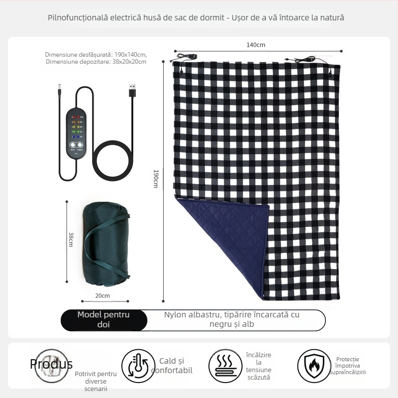 Cuvertă electrică pentru camping cu alimentare de la vehicul, 5V, 10W, 5 setări de încălzire, țesătură sintetică