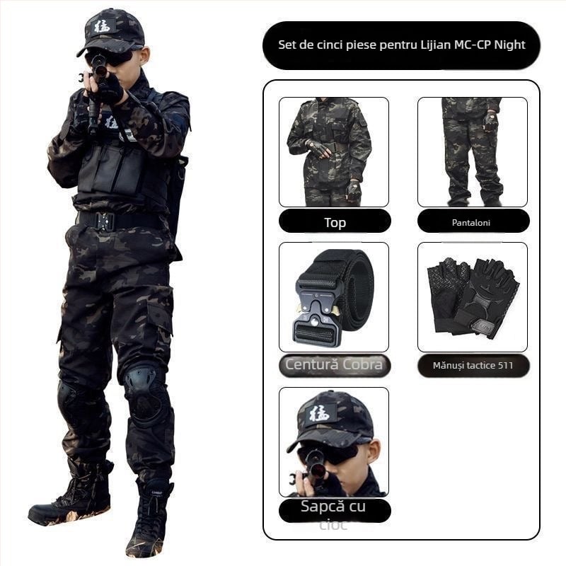 Costum camuflaj pentru copii pentru antrenament militar – amestec de fibre sintetice, impermeabil, rezistent la vânt, imprimeu camuflaj, toamnă, unisex