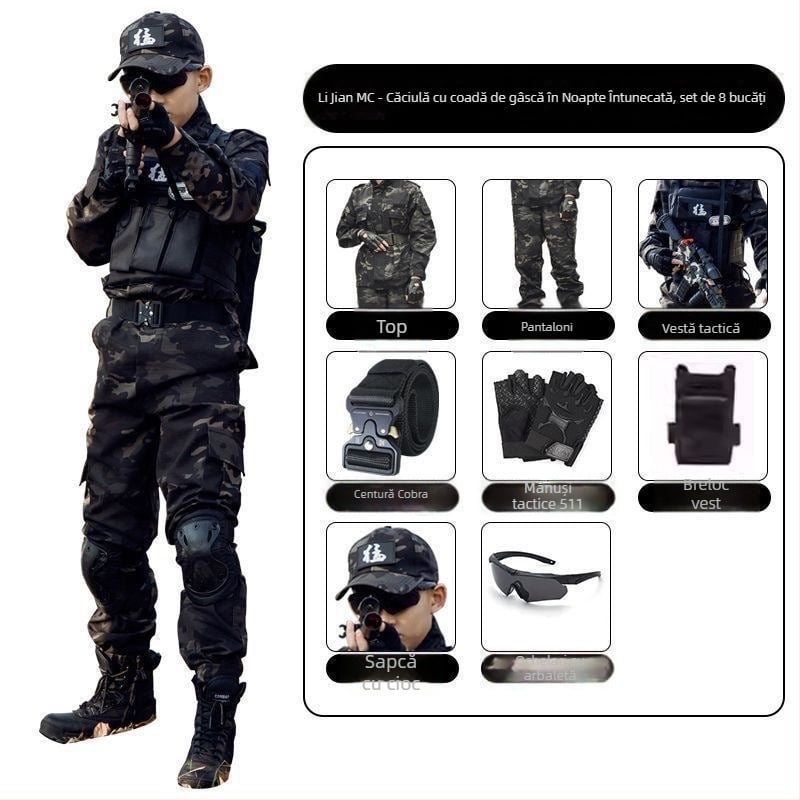 Costum camuflaj pentru copii pentru antrenament militar – amestec de fibre sintetice, impermeabil, rezistent la vânt, imprimeu camuflaj, toamnă, unisex