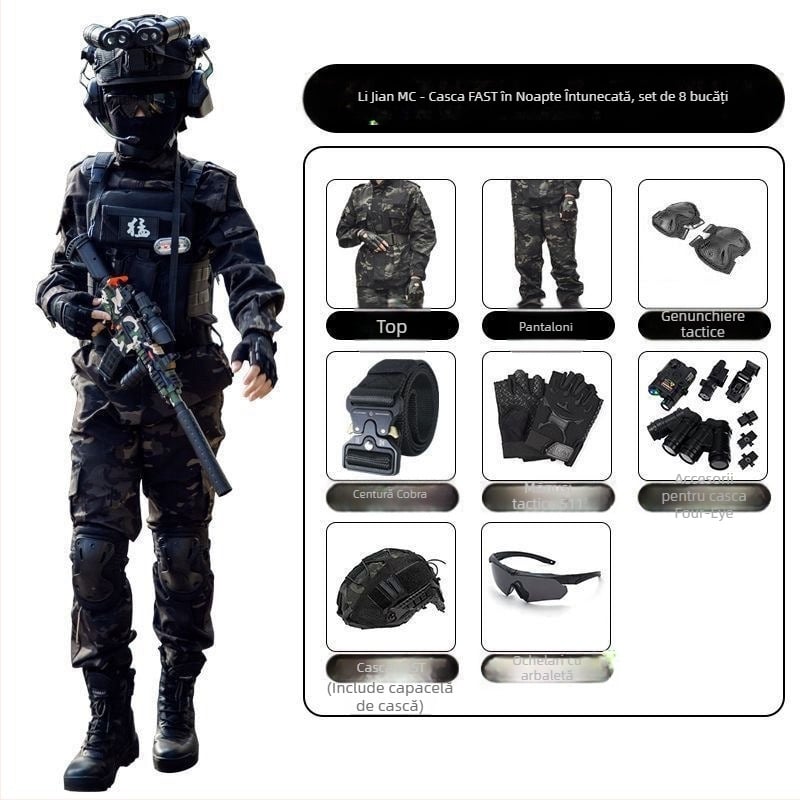Costum camuflaj pentru copii pentru antrenament militar – amestec de fibre sintetice, impermeabil, rezistent la vânt, imprimeu camuflaj, toamnă, unisex