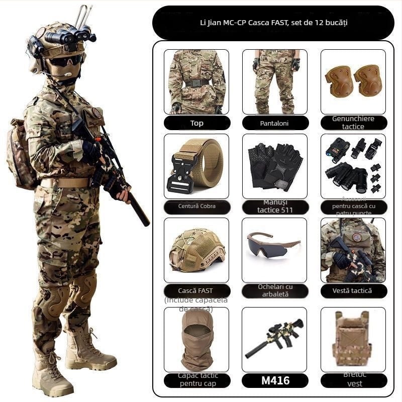 Costum camuflaj pentru copii pentru antrenament militar – amestec de fibre sintetice, impermeabil, rezistent la vânt, imprimeu camuflaj, toamnă, unisex