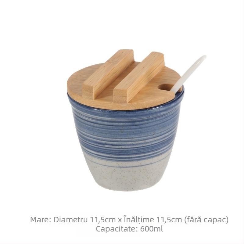 Set de borcănele ceramice cu relief, gură deschisă și capac, stil japonez, pentru sare și piper