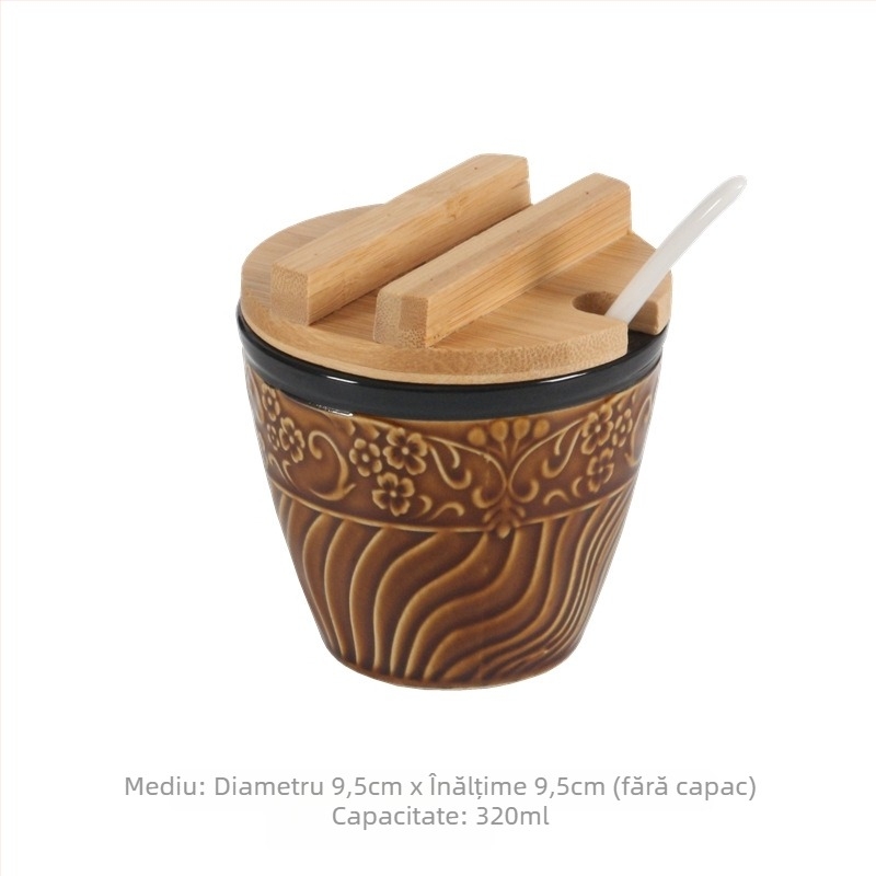 Set de borcănele ceramice cu relief, gură deschisă și capac, stil japonez, pentru sare și piper