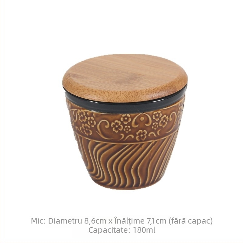 Set de borcănele ceramice cu relief, gură deschisă și capac, stil japonez, pentru sare și piper