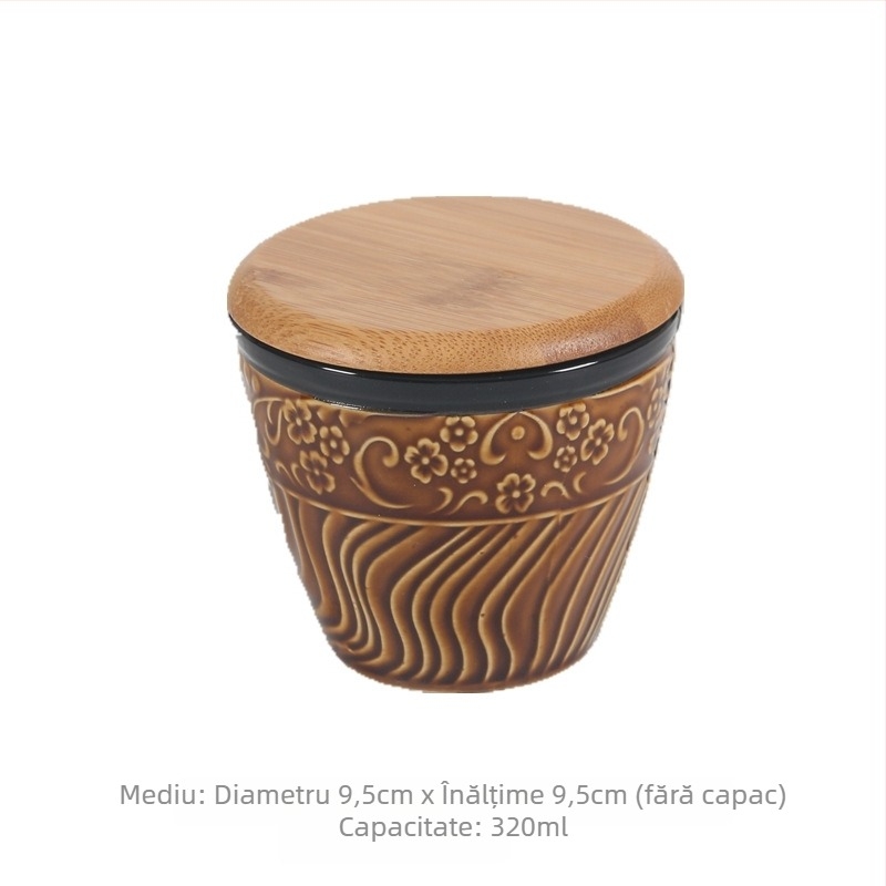 Set de borcănele ceramice cu relief, gură deschisă și capac, stil japonez, pentru sare și piper