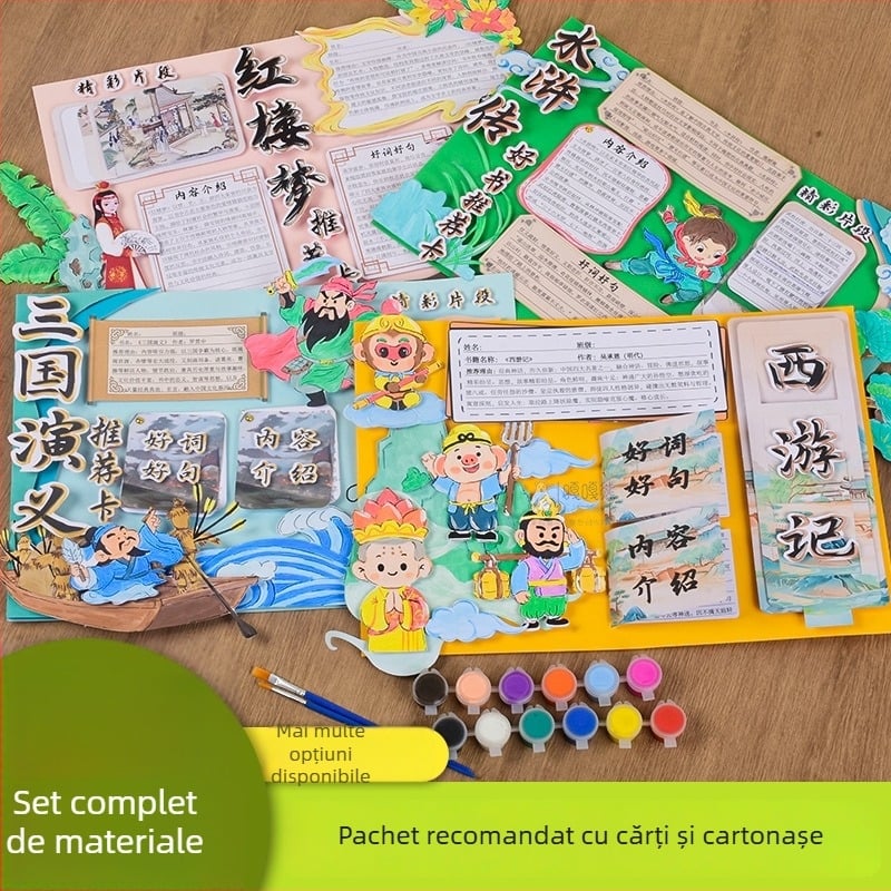 Card de recomandare a cărților - Șablon semi-finisat pentru pictură, lucrare manuală, patru cărți ilustrate educaționale celebre