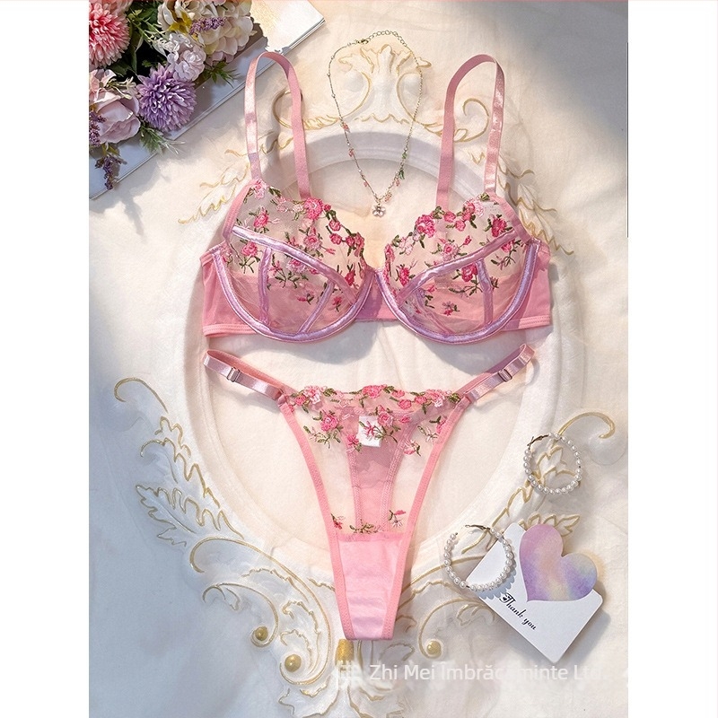 Sutien din dantelă cu sârmă, set lenjerie, cupă 3/4, cupe subțiri, semi-transparent