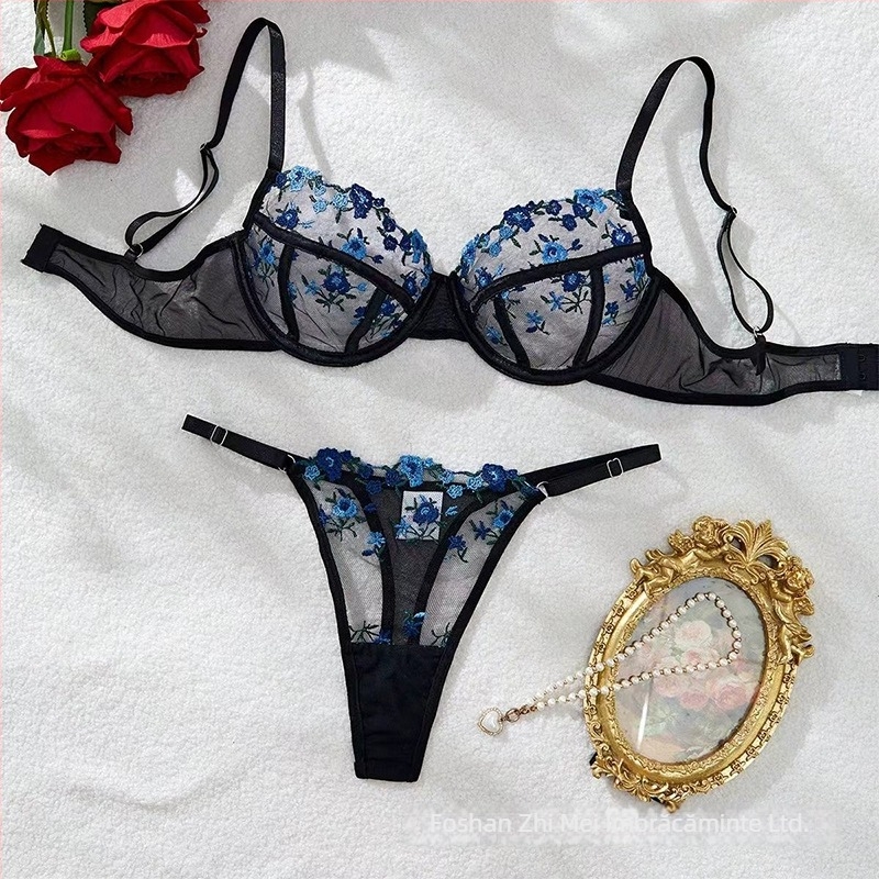 Sutien din dantelă cu sârmă, set lenjerie, cupă 3/4, cupe subțiri, semi-transparent