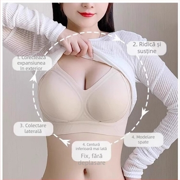 Sutien fără cusături cu susținere moale și ridicare, material nylon, căptușeală spandex, cupă medie modelată cu cupă latex, bretele fixe duble, închidere spate cu patru rânduri de carlige