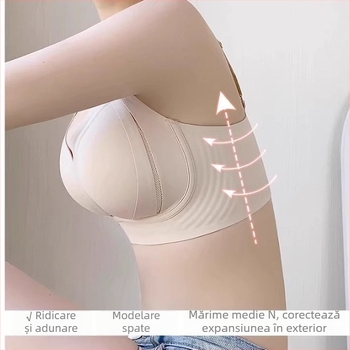 Sutien fără cusături cu susținere moale și ridicare, material nylon, căptușeală spandex, cupă medie modelată cu cupă latex, bretele fixe duble, închidere spate cu patru rânduri de carlige