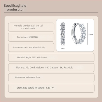 Cercei Moissanite din S925 | stil luxos, cercei hoops în stil Ins, tăietură rotundă briljantă, formă geometrică