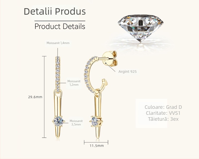 Cercei din moissanit pentru femei, argint 925, formă rotundă, tăiere cu 8 inimi și 8 săgeți