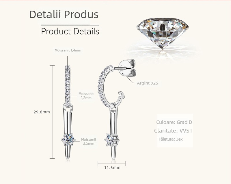 Cercei din moissanit pentru femei, argint 925, formă rotundă, tăiere cu 8 inimi și 8 săgeți