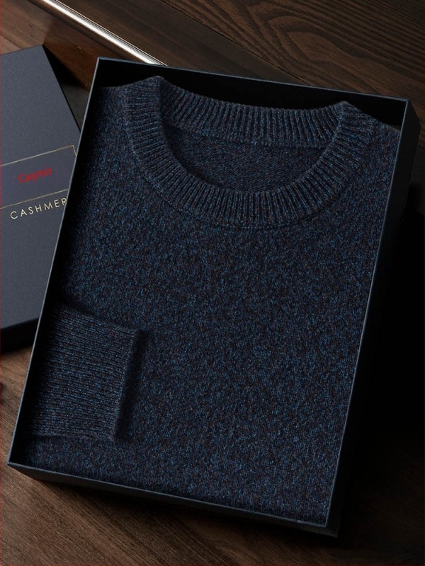 Pulover din cașmir cu guler rotund și tricot plat, croială lejeră pentru bărbați, mâneci lungi, 95%+ cașmir