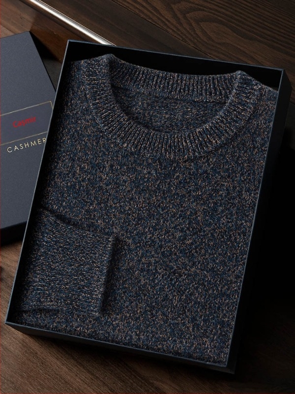 Pulover din cașmir cu guler rotund și tricot plat, croială lejeră pentru bărbați, mâneci lungi, 95%+ cașmir