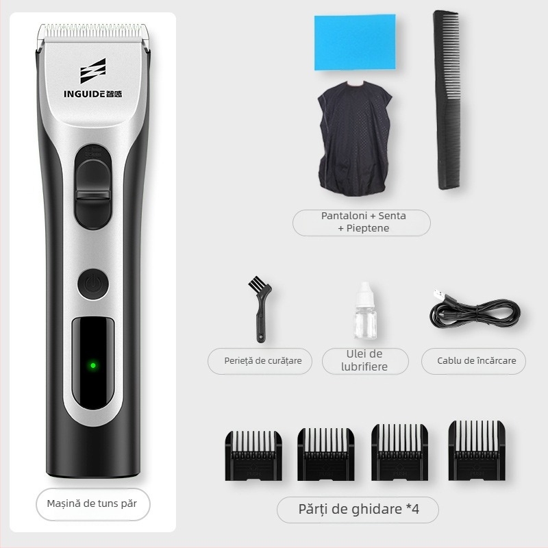 Aparat de tuns păr electric fără fir — baterie încorporată, lamă ceramică, motor cu perii, rezistent la apă, complet lavabil