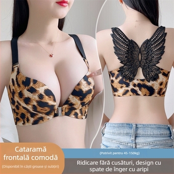 Sutien leopard cu închidere frontală, push-up, cupă 3/4, cupă subțire modelată, material respirabil din nylon-spandex