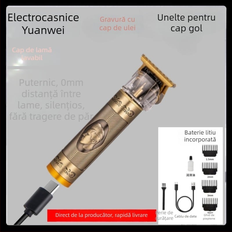 Mașină de tuns păr mini electrică, motor fără perii, lamă din aliaj de titan, baterie încorporată 300-500 mAh, autonomie 0-1 h, zgomot sub 36 dB