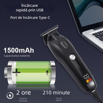 Hatteker Aparat de tuns electric, reîncărcabil, cu lamă din oțel inoxidabil, baterie încorporată 1200-2000mAh, autonomie 3-6 ore, lamă lavabilă