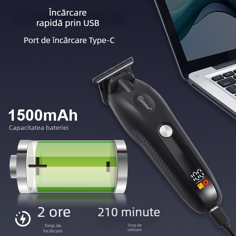 Hatteker Aparat de tuns electric, reîncărcabil, cu lamă din oțel inoxidabil, baterie încorporată 1200-2000mAh, autonomie 3-6 ore, lamă lavabilă