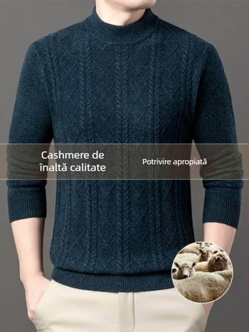 Pulover bărbați din cașmir, stil urban, croială slim, guler rotund, tricot jacquard, 95%+ cașmir