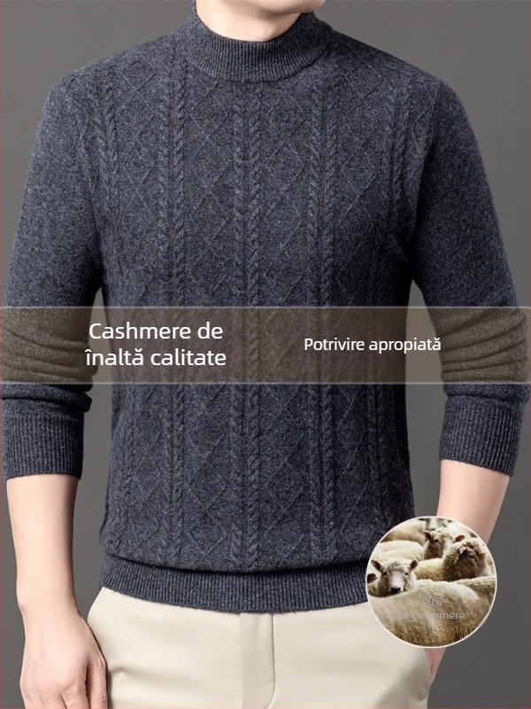 Pulover bărbați din cașmir, stil urban, croială slim, guler rotund, tricot jacquard, 95%+ cașmir
