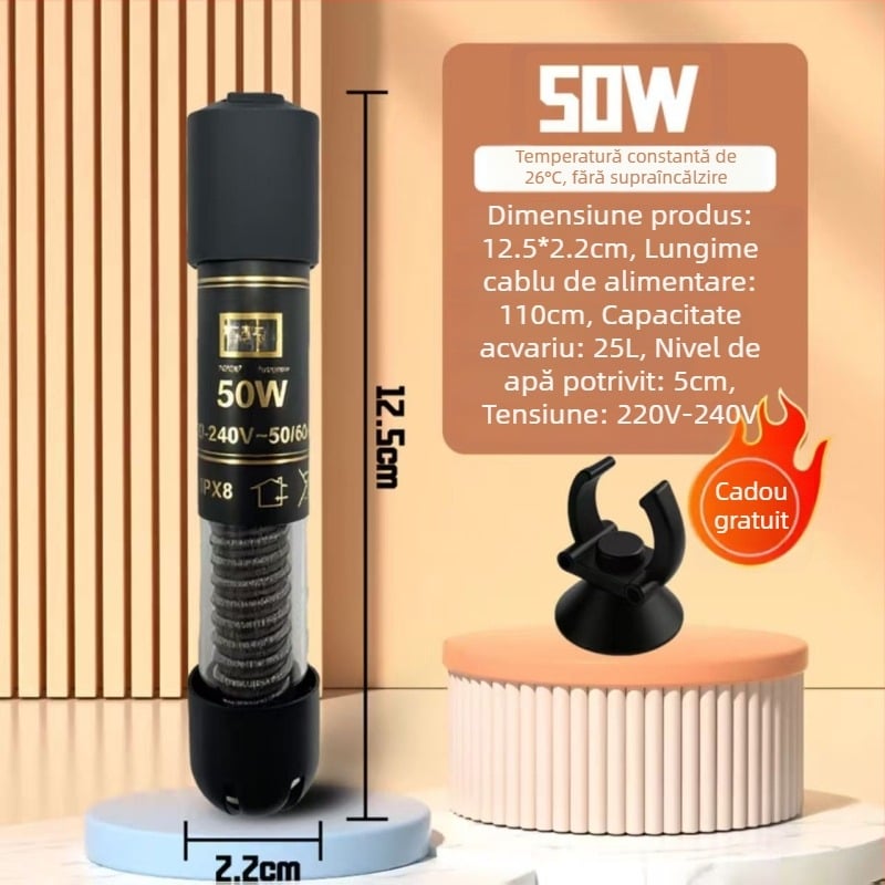 Băț de încălzire pentru acvariu, temperatură constantă automată, corp din sticlă, 25W/50W
