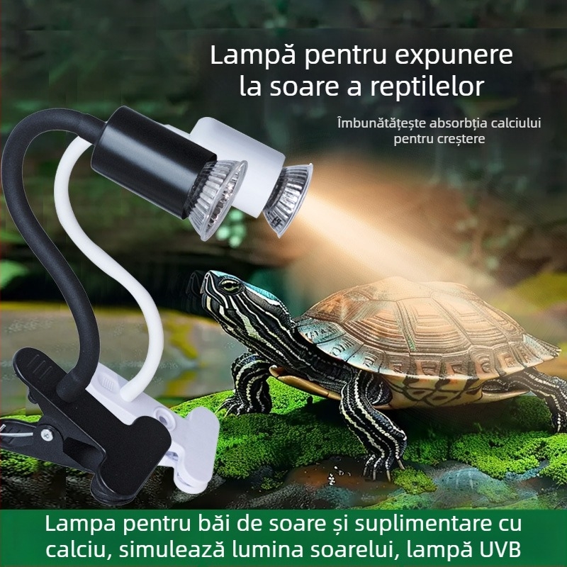 Lampă UVB 3 în 1 pentru țestoase și reptile în terariu – Material ABS, 25W, încălzire și sterilizare, lampă cu clemă